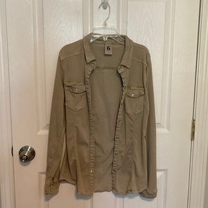 Fashion Lounge beige button down over shirt size 6.